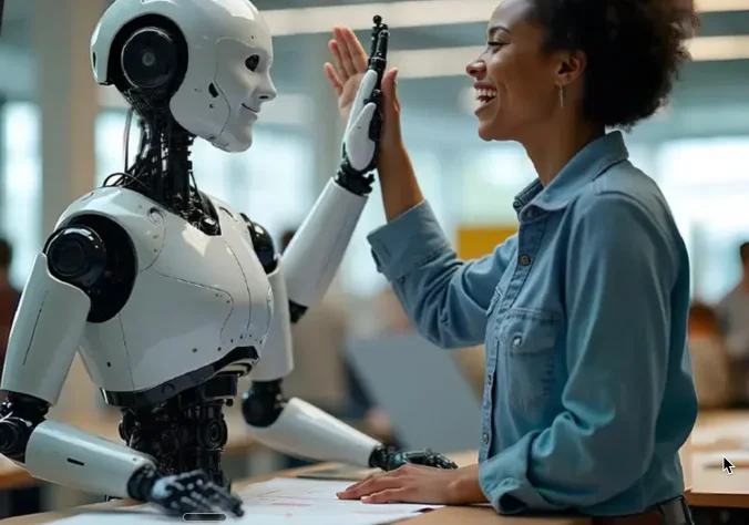 Une collaboratrice et un robot se tapent dans la main : l'automatisation travaille avec l'équipe
